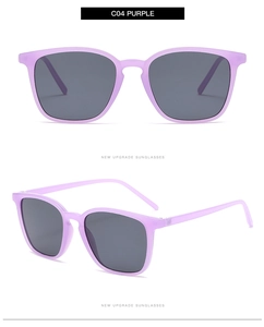Detailed views of purple square sunglasses with translucent frames and dark gray lenses