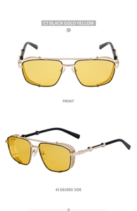 Front and 45-degree side view of gold punk sunglasses with yellow lenses and side shields