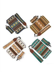 Ethnic bohemian canvas wallets in four colors featuring matching wristlets and straps