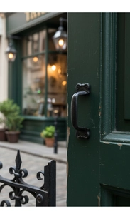 Macro shot of vintage black cast iron door handle with matte texture on aged green wood