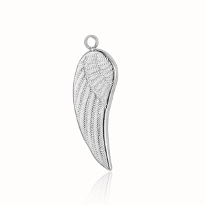 Detailed view of silver stainless steel angel wing pendant with feather textures