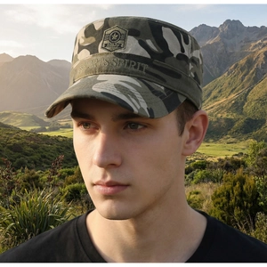 Detail of army camo flat top military cap with Sports Spirit embroidery and star patch