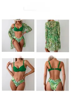 Detailed four-view of emerald bikini with high-waist tropical print and sheer mesh cover-up