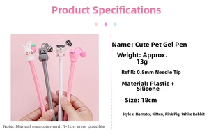 Detailed spec sheet showing cute pet gel pens with silicone toppers and needle tips