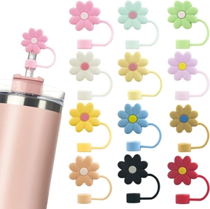 Flower shaped silicone straw covers in multiple colors for 10mm Stanley tumbler cups