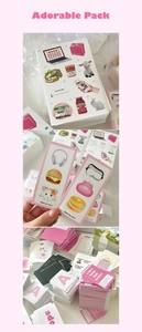 Detail showing pink illustrated stationery stickers with hamster and cafe food motifs
