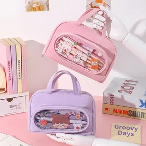 Pink and purple large-capacity pencil case with clear PVC window and cute cartoon prints