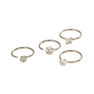 Set of four silver stainless steel C-shaped nose rings with clear cubic zirconia stones