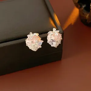 Vintage gold plated strawberry earrings with pink gradient crystals and heart zircon