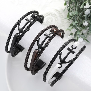 Men Vintage Anchor Bracelet Woven Leather Nautical Style Metal Charm Clasp Fashion Jewelry Casual Trendy