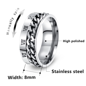 8mm spinner ring with roman numerals and rotating chain in polished stainless steel