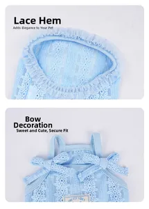 Détail du gilet en dentelle bleu clair pour chien avec nœuds et ourlet à volants