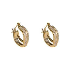 Elegant gold double-layered hoop earrings with sparkling rectangular cubic zirconia