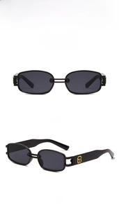 Detailed views of retro oval black sunglasses with gold metal B logo on the temples