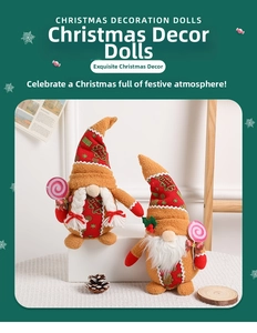 Detailed view of plush Christmas gnomes with gingerbread patterns and pink lollipops