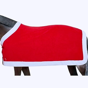 Festive red velvet horse blanket with white plush trim for Christmas and holiday decoration