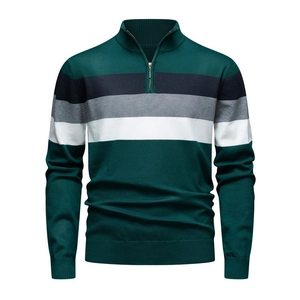 Detailed view of dark green knit sweater with contrast stripes and metal zipper stand collar