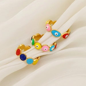 Adjustable evil eye and smiley face gold stainless steel rings with colorful enamel details