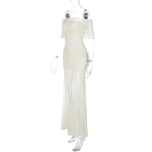 Detail of off-white mesh panel dress showing ruched waist and sheer tulle layers