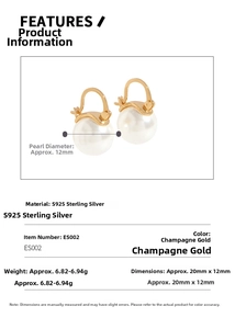 Detailed specs of S925 silver champagne gold earrings with 12mm white pearls
