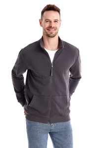 Detailed macro view of charcoal grey knit cotton fabric and durable metal zipper on jacket