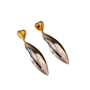 Elegant two-tone heart and leaf drop earrings in gold and silver polished stainless steel