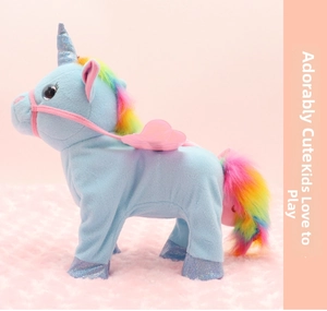 Side view of blue unicorn plush toy with rainbow mane, wings and shiny sequins