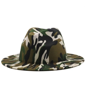 Detailed view of the woodland camouflage pattern on this wool blend jazz fedora hat