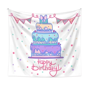 Detail of Happy Birthday tapestry featuring colorful cartoon cake and banner on white