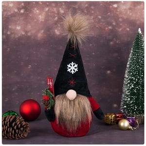 Close-up of a festive Christmas gnome decoration with pine cones and holiday ornaments