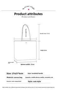 Detailed size chart for the mini canvas tote bag showing dimensions and cute design specs