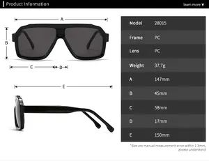 Detailed size specifications for square frame sunglasses model 28015 with frame dimensions