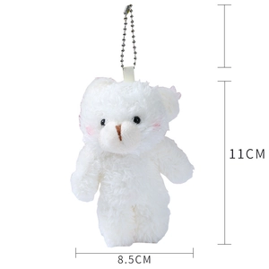 White plush teddy bear pendant with pink blush and metal chain, 11cm height