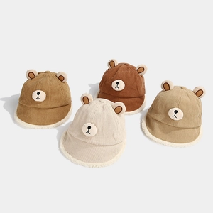Winter children's corduroy bear ear bucket hats in brown, cream, and khaki with fleece lining