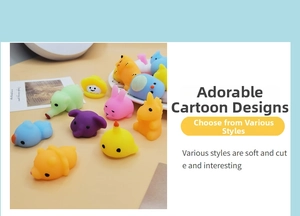 Detail of colorful TPR squishy animal toys including elephant and unicorn in a white plate