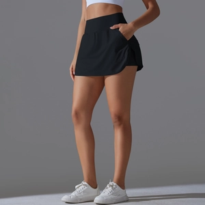 Detailed side view of high-waisted black tennis skort with functional side pockets