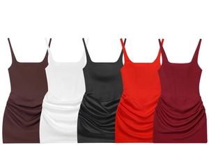Detail view of side ruching and satin texture on slim fit mini dresses in five colors