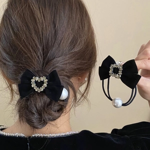 Elegant black velvet bow hair tie with rhinestone heart and pearl drop pendant