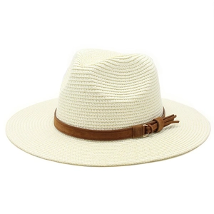 Classic cream woven straw fedora hat with a brown decorative band for outdoor sun protection