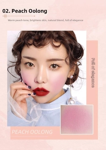 Face application and macro powder texture of Peach Oolong matte blush in warm peach pink