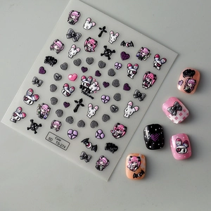 5D embossed dark style nail stickers featuring bunnies, hearts, and skulls in pink and black