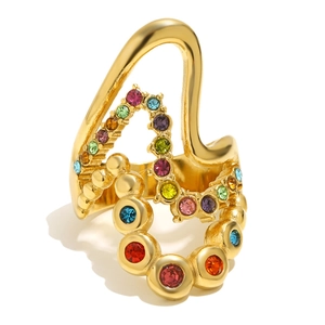 Unique 18K gold plated stainless steel wave ring with multi-color rainbow rhinestones