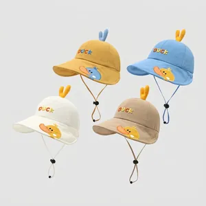 Foldable cartoon duck sun hats for kids in yellow blue cream and khaki with chin straps