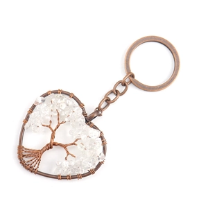 Detail of copper wire tree of life heart keychain with white crystal stone chips
