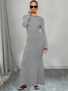 Femmes Robe Maxi Rayée En Tricot Manches Longues Col Rond Moulante Dos Nu À Lacets Coupe Ajustée Streetwear