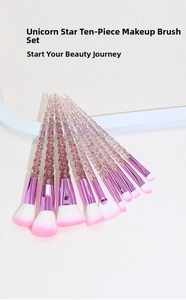 Detail of 10pcs unicorn makeup brushes with spiral pink crystal handles and soft bristles