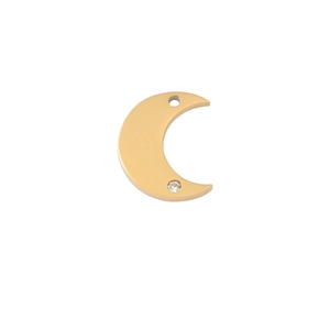 Detail shot of a golden crescent moon pendant with mirror finish and inlaid zircon crystal