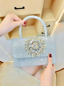 Borsa Da Sera Da Donna Glitter Poliestere Fibbia Fiore Strass Catena Metallica Vintage Elegante Pochette A Mano