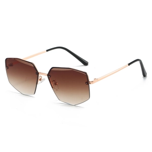 Frameless polygonal sunglasses with brown gradient lenses and gold metal temples