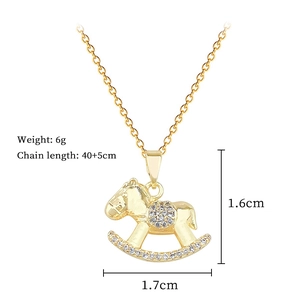 Detailed view of golden horse pendant dimensions with chain length and weight info